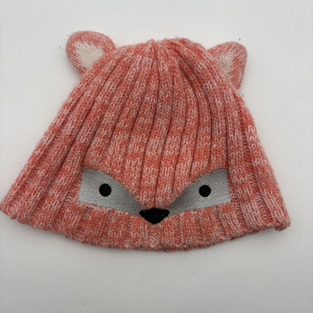 Fox Hat Girls One Size Pink Knit‎ Beanie Winter Animal Face Ears Cute Stretch
